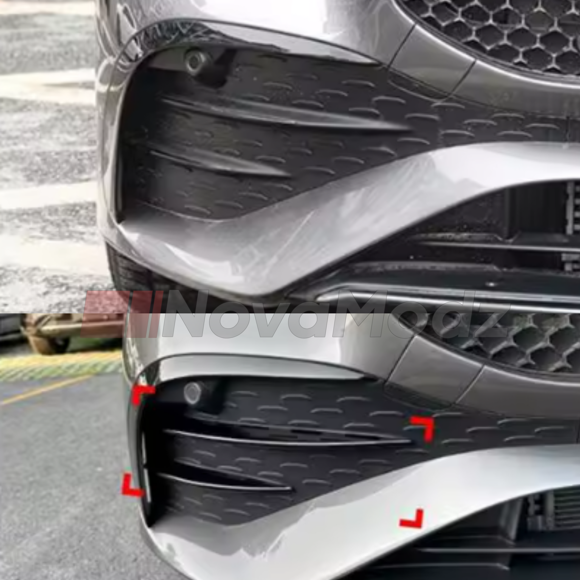 Cover splitter anteriori AMG style montate su Mercedes Classe A W177 2023+ restyling con kit in ABS nero lucido