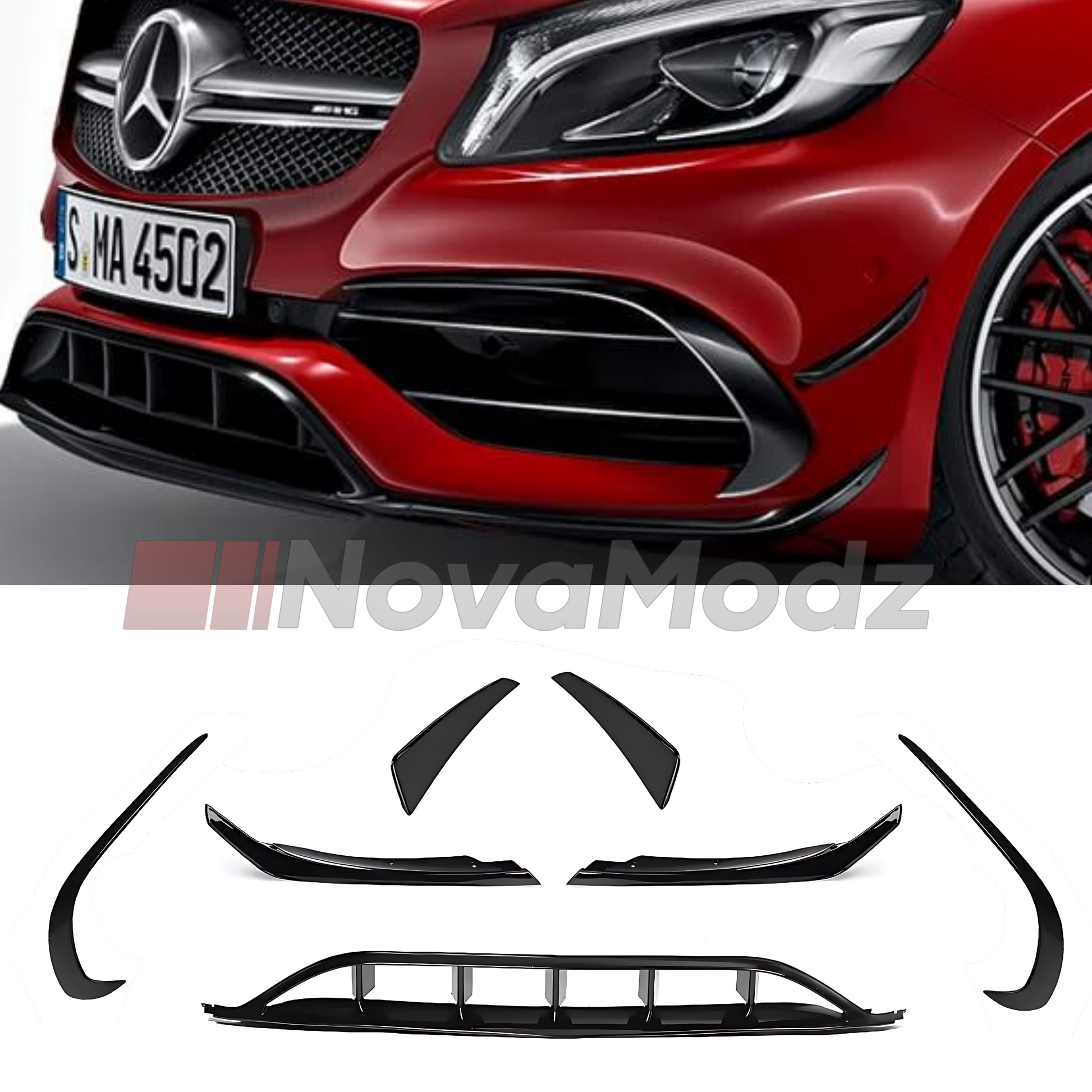 Aero kit anteriore installato su Mercedes Classe A W176 – vista frontale del paraurti con splitter e appendici aerodinamiche