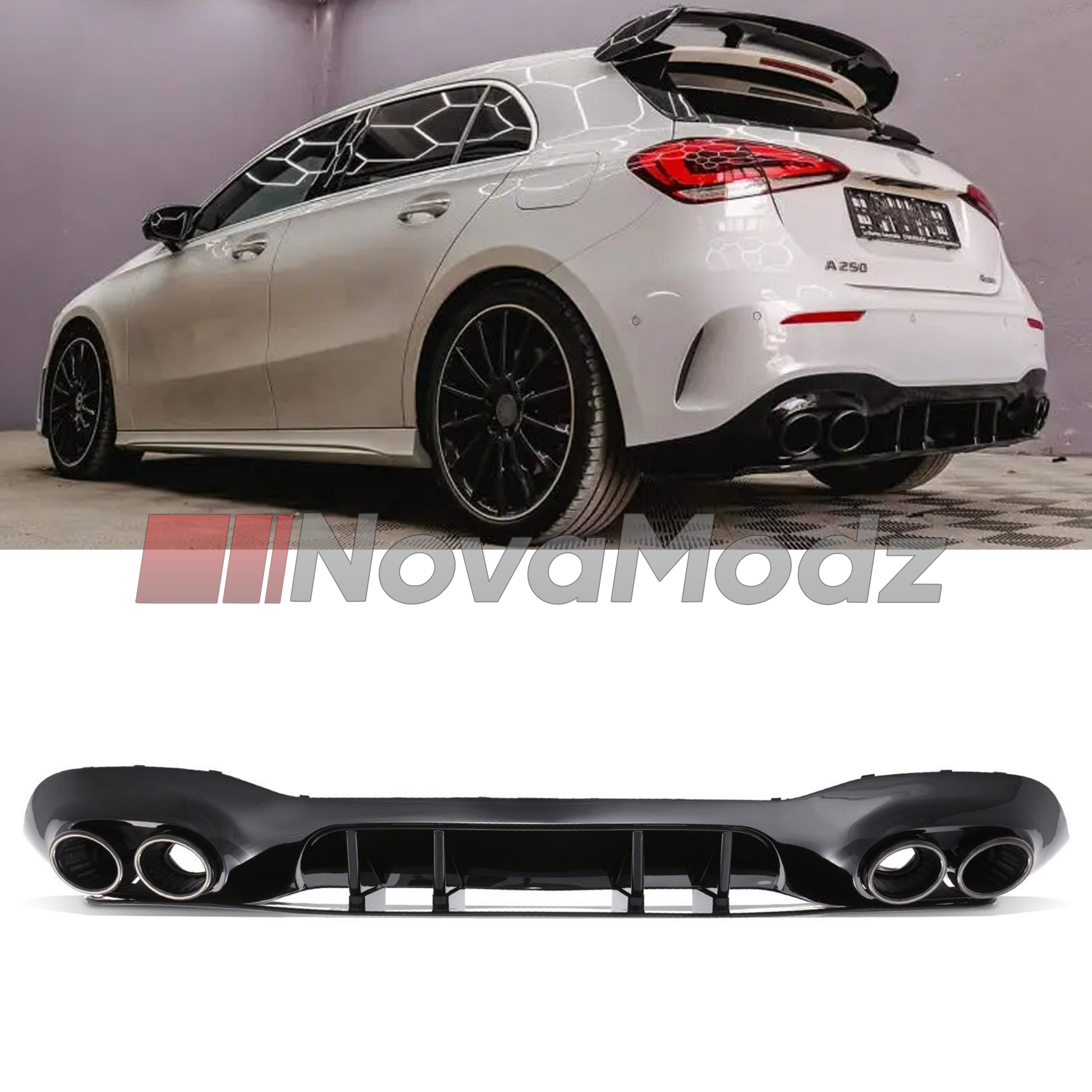 Diffusore posteriore AMG style montato su Mercedes Classe A W177 con kit terminali inclusi