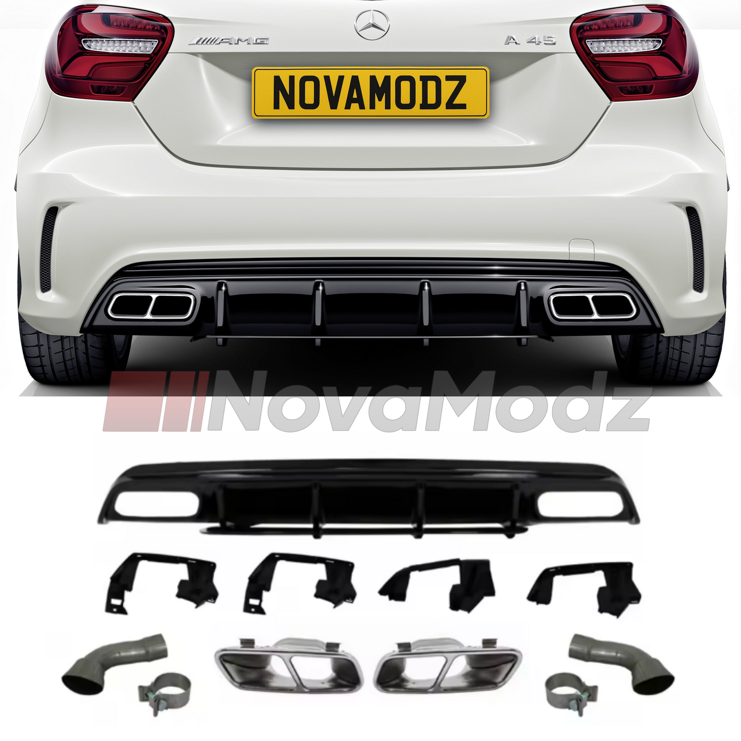 Diffusore posteriore stile A45 con terminali doppi per Mercedes Classe A W176 mostrato installato sull’auto e in vista prodotto su sfondo bianco