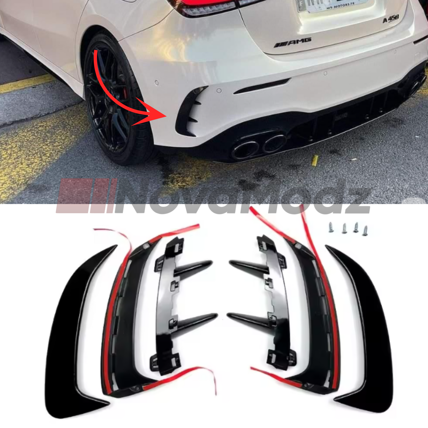 Flaps posteriori AMG style installati su Mercedes Classe A W177 con kit in ABS nero lucido