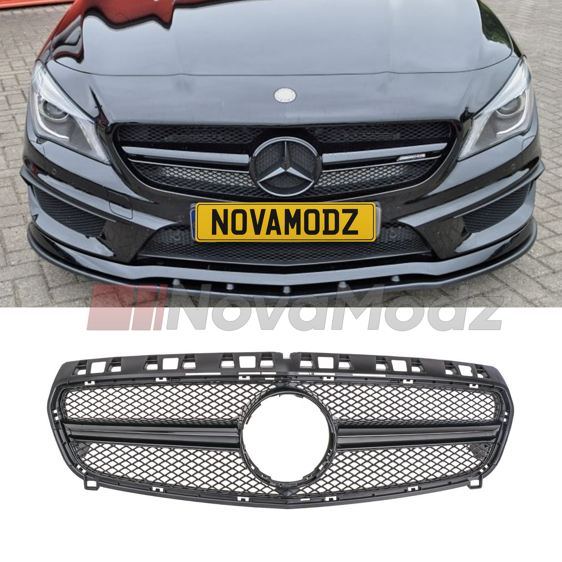 Griglia stile AMG nera per Mercedes Classe A W176 mostrata installata sull’auto e in vista prodotto su sfondo bianco