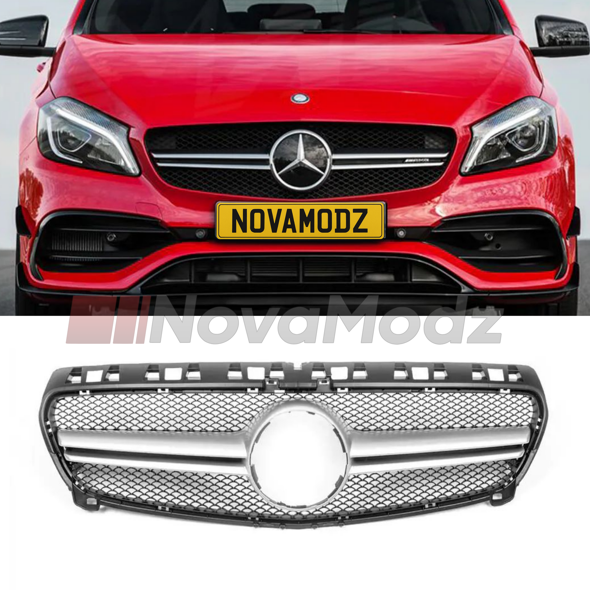 Griglia stile AMG argento per Mercedes Classe A W176 mostrata installata sull’auto e in vista prodotto su sfondo bianco