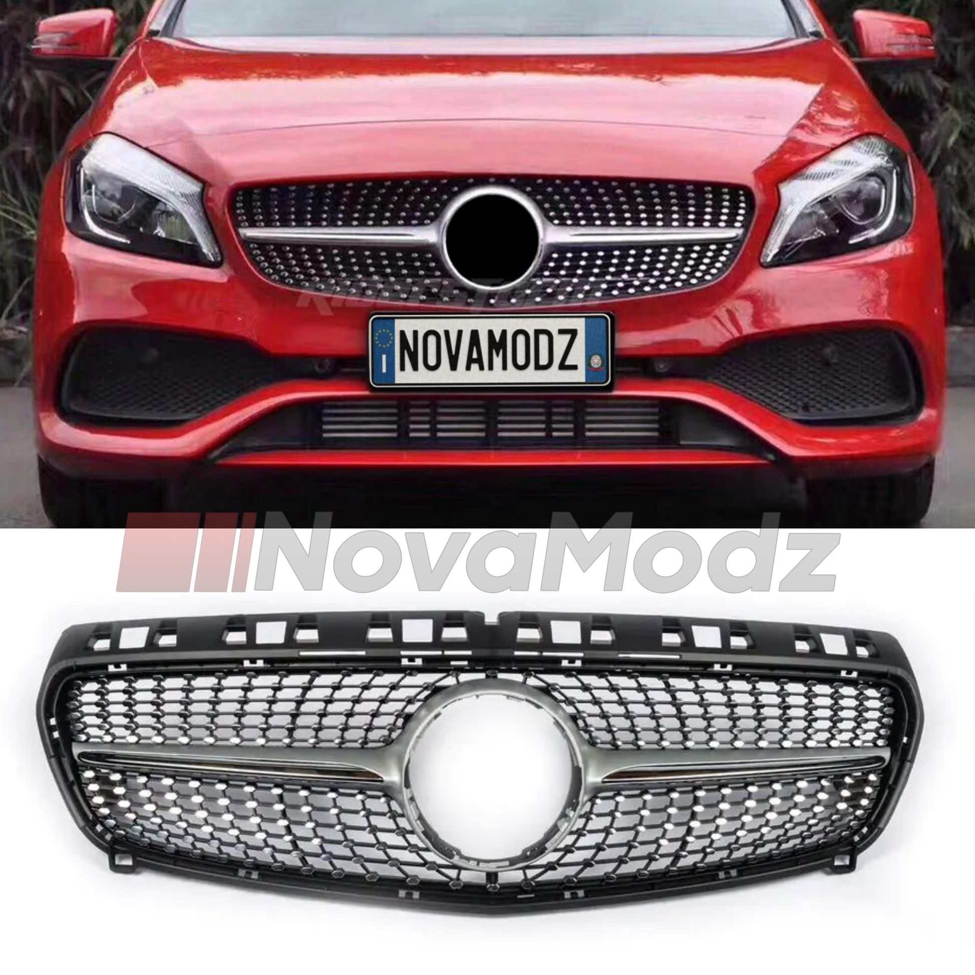 Griglia Matrix Diamond argento per Mercedes Classe A W176 mostrata installata sull’auto e in vista prodotto su sfondo bianco