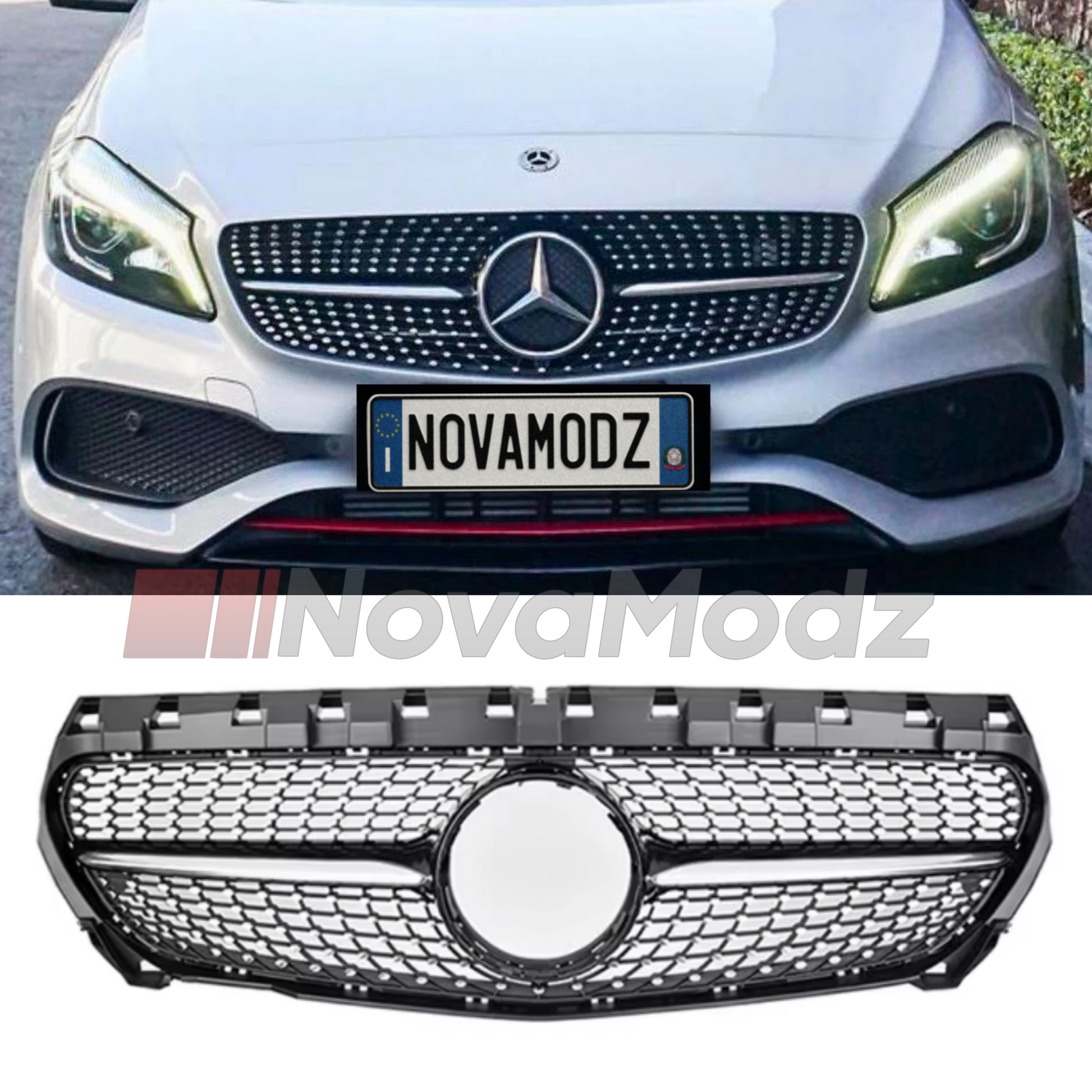 Griglia Matrix Diamond nera per Mercedes Classe A W176 mostrata installata sull’auto e in vista prodotto su sfondo bianco