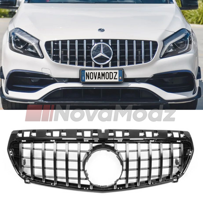 Griglia Panamericana cromata per Mercedes Classe A W176 mostrata installata sull’auto e in vista prodotto su sfondo bianco
