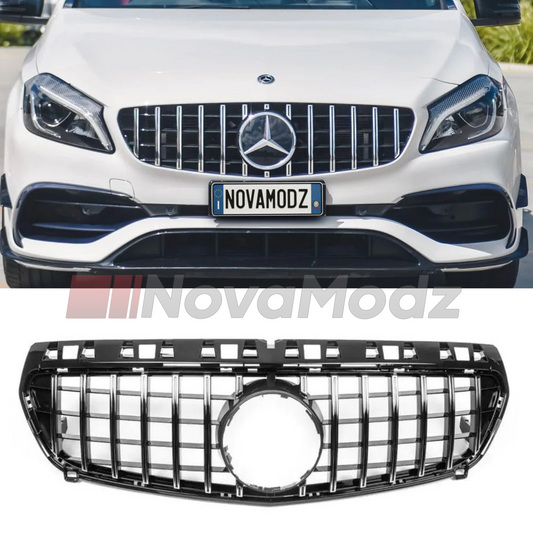 Griglia Panamericana cromata per Mercedes Classe A W176 mostrata installata sull’auto e in vista prodotto su sfondo bianco