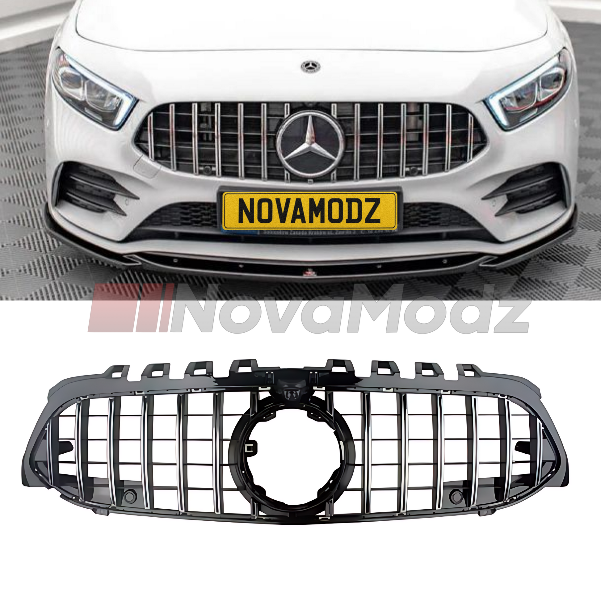 Griglia Panamericana cromata per Mercedes Classe A W177 mostrata installata sull’auto e in vista prodotto su sfondo bianco