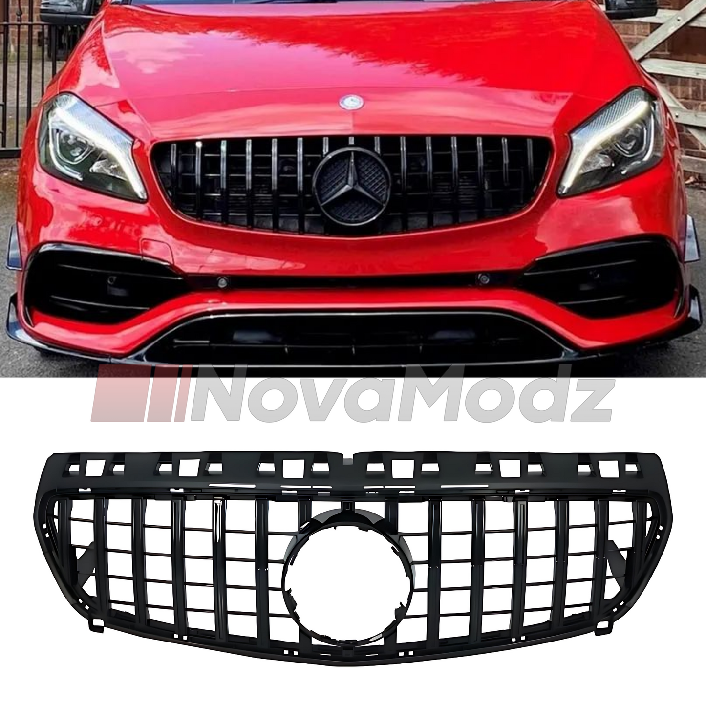 Griglia Panamericana nera per Mercedes Classe A W176 mostrata installata sull’auto e in vista prodotto su sfondo bianco