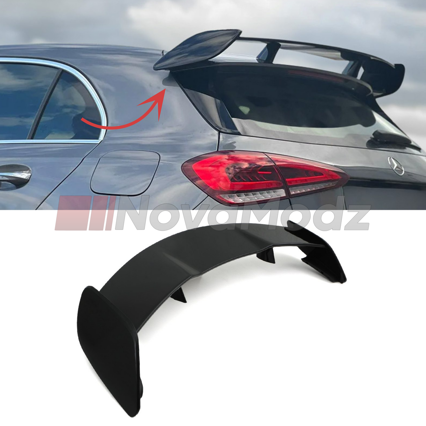 Spoiler posteriore stile A45 montato su Mercedes Classe A W177 + kit spoiler ABS nero lucido
